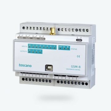 Módulo GSM, 8 ED, 4 SD, 230Vac, interfaz USB, batería interna Li-Po incluida + antena, raíl DIN