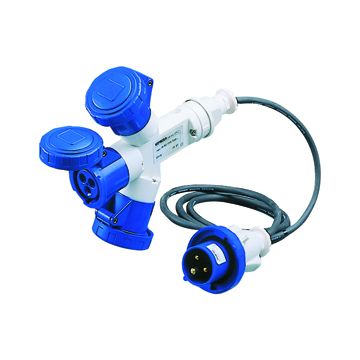 MULTIPLICADOR MÓVIL ESTANCO CON 3 SALIDAS IP67 - CABLE FLEXIBLE DE 2M - CLAVIJA 16A - 2 BASES 2P+T 230V 50/60HZ - AZUL - 6H