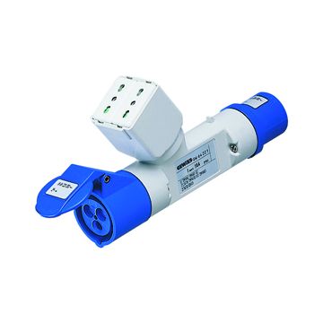 DERIVADOR ADAPTADOR MÓVIL IP44 - 1 SALIDA DERIVADA - CABLEADO - CLAVIJA 2P+T 16A 230V ca 50/60HZ - 2 BASES 2P+T 16A BIVALENTE (P17/11) + 1 2P+T 16A 23