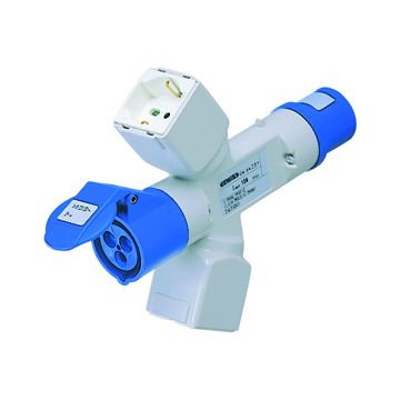 DERIVADOR ADAPTADOR MÓVIL IP44 - 2 SALIDAS DERIVADAS - CABLEADO - CLAVIJA 2P+T 16A 230V ca 50/60HZ - 2 BASES (P17/11) + 1 (P30-P17) + 1 2P+T 16A 230V 
