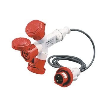 MULTIPLICADOR MÓVIL ESTANCO CON 3 SALIDAS IP67 - CABLE FLEXIBLE DE 2M - CLAVIJA 16A - 2 BASES 3P+T 400V 50/60HZ - ROJO - 6H