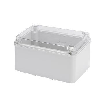 CAJA DE DERIVACIÓN CON FONDO ALTA ATORNILLADA Y TAPA TRANSPARENTE BAJA CON TORNILLO - IP56 - DIMENSIONES INTERNAS 190X140X110 - PAREDES LISAS - GRIS