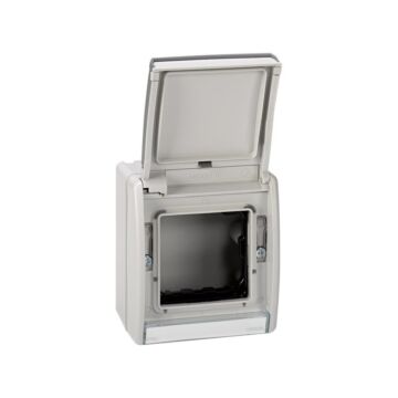 Base y marco con tapa abatible ip55 para mecanismos simon 27 gris simon 44 aqua