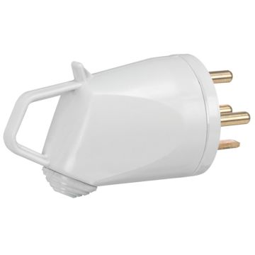 Clavija 20a 3p+n+t 280v ip44 con salida lateral y tirador. color blanco