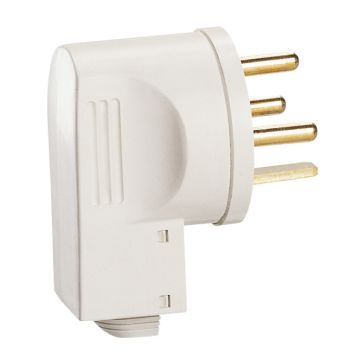 Clavija 20a, 3p+t. 380v. con salida lateral y con abrazadera de cable. especial exportación. color blanco