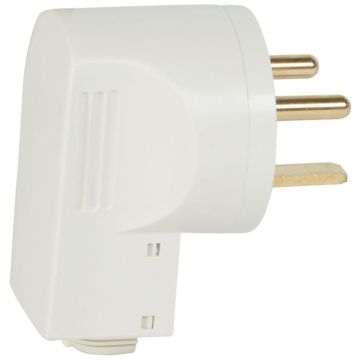 Clavija 20a, 2p+t. 380v. con salida lateral y con abrazadera de cable. especial exportación. color blanco