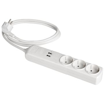 Prolongador con 3 bases 2P+T, 16A 250V~ + 2 USB  tipo A. 5.0 VDC. 2.1A. P. MÁX 10.5W.