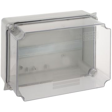 Caja estanca de conexión 220 x 170 x 140 mm sin conos. Color gris y tapa transparente. Con perfil DIN.
