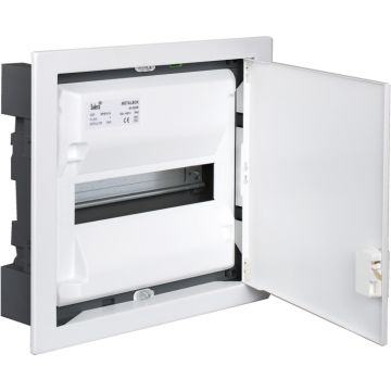 Caja de distribución de empotrar para 14 elementos. Marco y puerta metálicos color blanco.