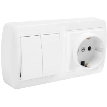 Base fija 2P+T, 16A 250V~ + doble Conmutador / interruptor 10AX 250V~. De superficie.