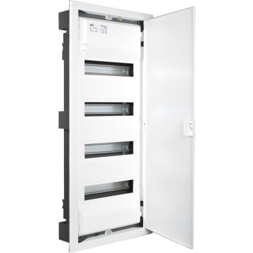 Caja de distribucion de empotrar para 56 elementos. Marco y puerta metálicos color blanco.