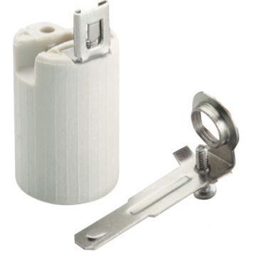 Portalámparas E-14 de porcelana.  2A 250V. Con soporte metálico para vela larga.