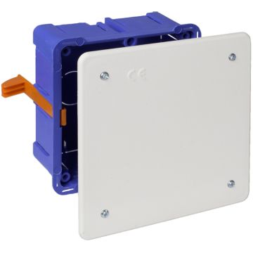 Caja de conexión de empotrar en tabique hueco. De 107 x 107 x 45 mm. Tapa con tornillos. Sistema de fijación mediante bridas.