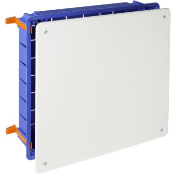Caja de conexión de empotrar en tabique hueco. De 250 x 250 mm. Tapa con tornillos. Sistema de fijación mediante bridas.