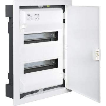 Caja de distribucion de empotrar para 28 elementos. Marco y puerta metálicos color blanco.